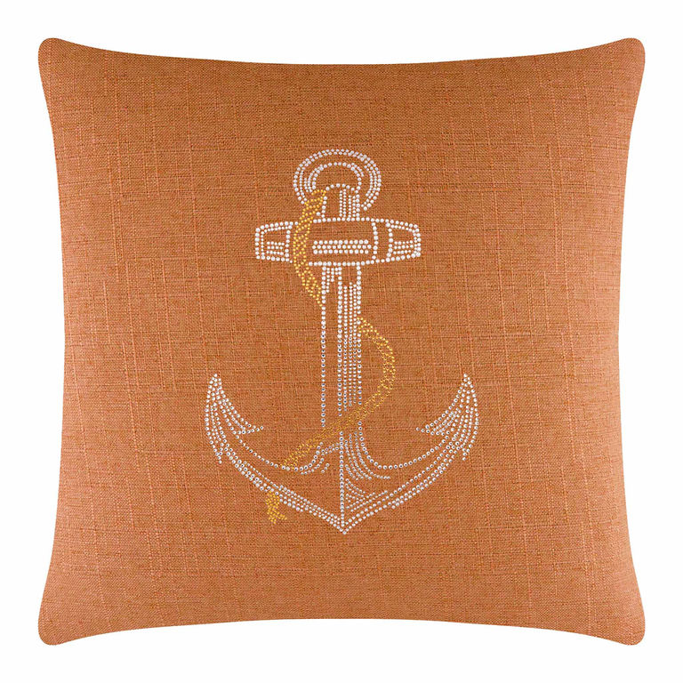 Orange linen pillow featuring a rhinestone anchor design with a textured surface and a smooth plush feel.