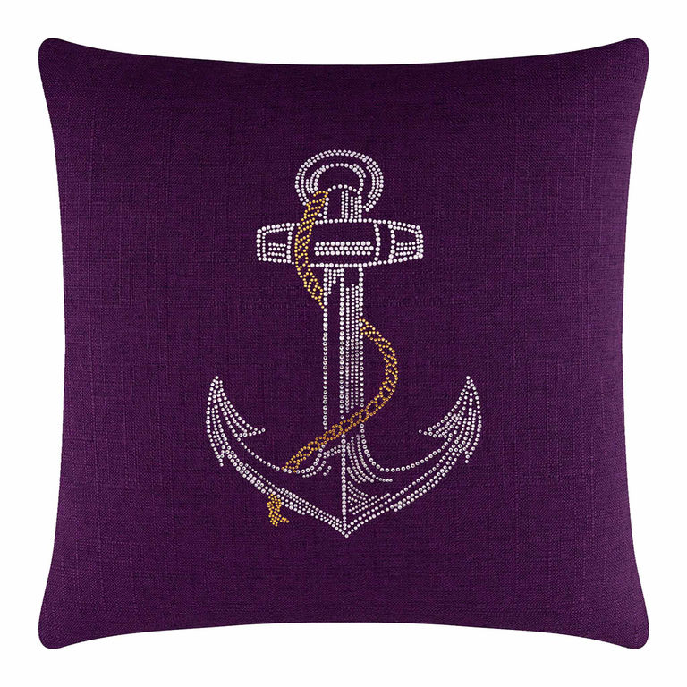 Purple linen pillow featuring a rhinestone anchor design with a gold rope detail.