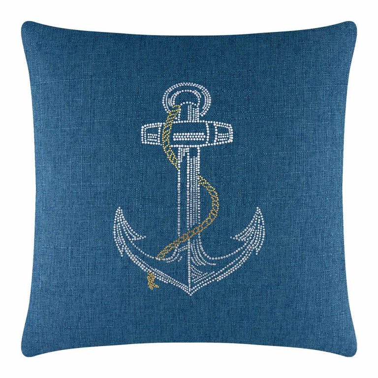 Square teal pillow featuring a rhinestone anchor design with a golden rope detail on a textured fabric surface.