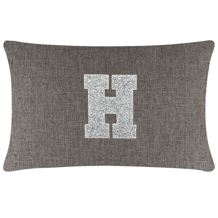 Brown&#x20;textured&#x20;pillow&#x20;with&#x20;a&#x20;silver&#x20;rhinestone&#x20;monogram&#x20;letter&#x20;&quot;H&quot;&#x20;in&#x20;the&#x20;center&#x20;measuring&#x20;14x20&#x20;inches.