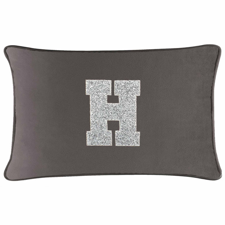 Charcoal velvet rectangular pillow with a rhinestone monogram letter "H" in silver embellishment.