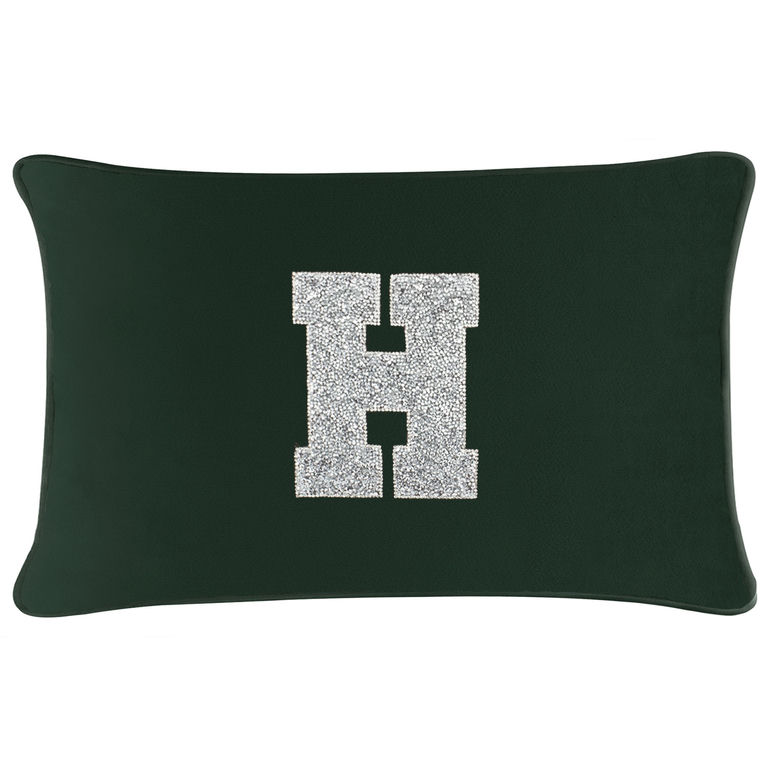 Emerald velvet pillow with a rectangular shape featuring a rhinestone-embellished letter "H" in silver.