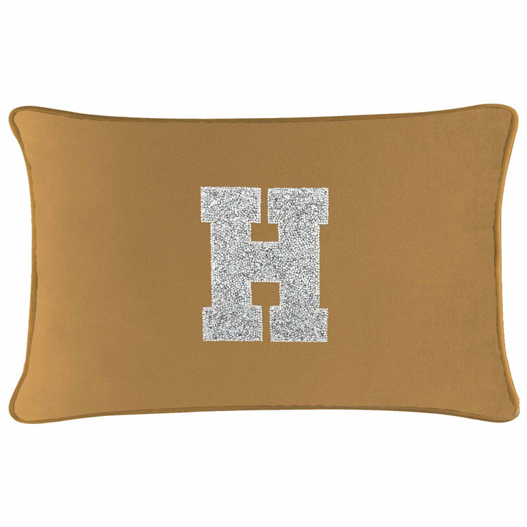 Gold velvet rectangular pillow featuring a large silver rhinestone monogram letter H.