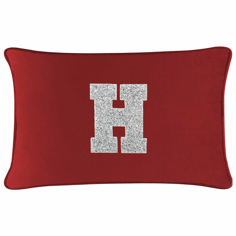 Red velvet pillow with a silver rhinestone monogram "H" in the center rectangular shape soft texture.