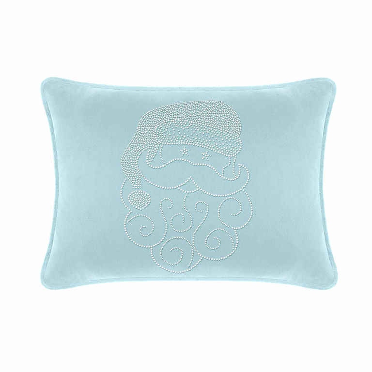 Aqua&#x20;velvet&#x20;pillow&#x20;featuring&#x20;a&#x20;Santa&#x20;design&#x20;embellished&#x20;with&#x20;rhinestones&#x20;and&#x20;decorative&#x20;swirls.
