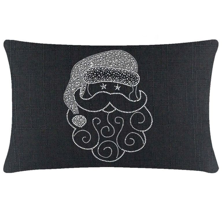 Black rectangular pillow featuring a Santa face design with white rhinestones and curly beard details.