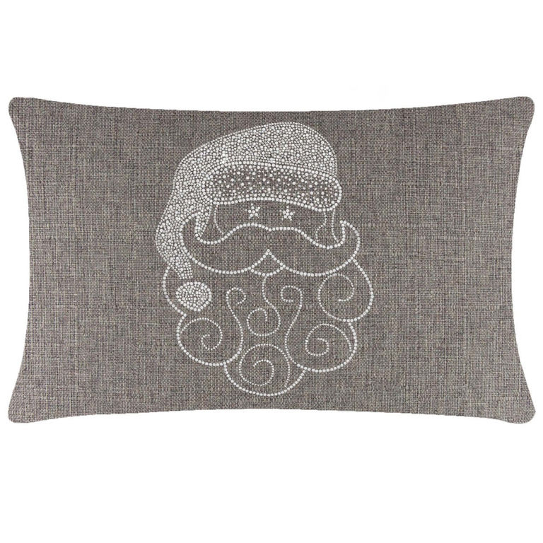 Rectangular brown pillow with a textured fabric featuring a white rhinestone Santa face design.