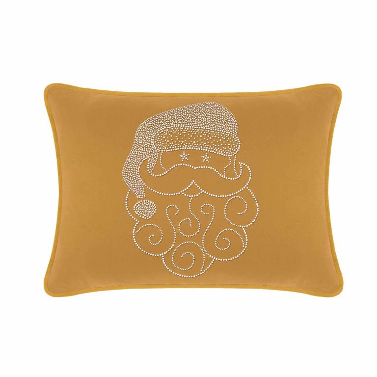 Gold velvet pillow featuring a Santa design embellished with white rhinestones and swirled beard details.
