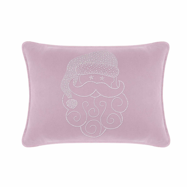 Lavender velvet pillow featuring a Santa design embellished with sparkling rhinestones and decorative swirls.