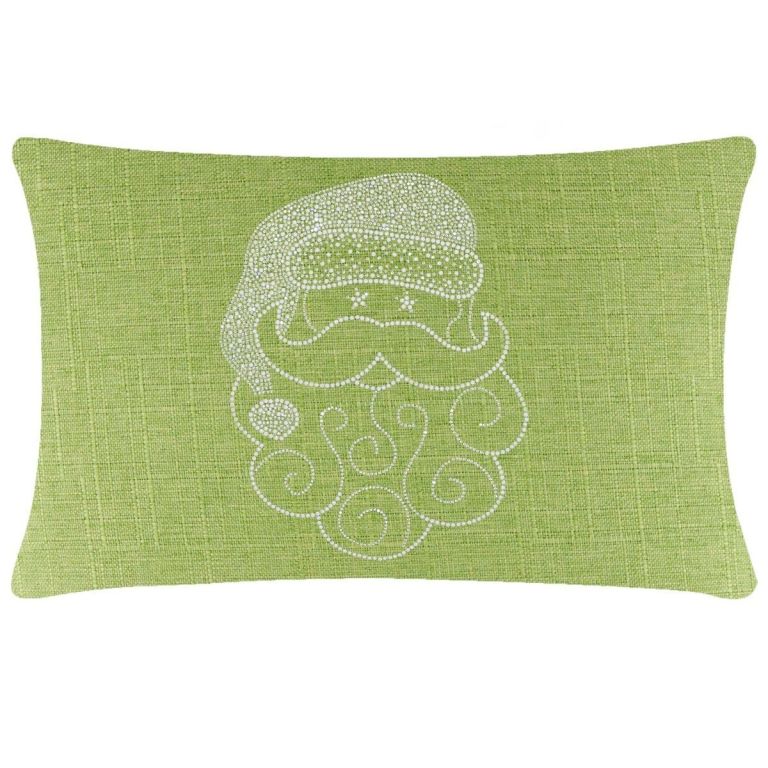 Rectangular lime green pillow with a textured fabric featuring a white rhinestone Santa face design.