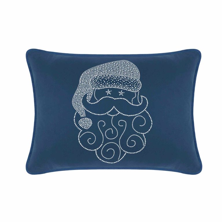 Red velvet rectangular pillow featuring a Santa face design embellished with sparkling rhinestones and swirled beard patterns.