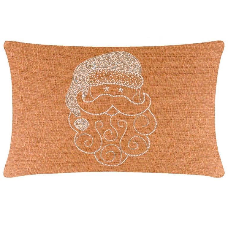Orange rectangular pillow featuring a Santa face design embellished with sparkling rhinestones on a textured fabric surface.