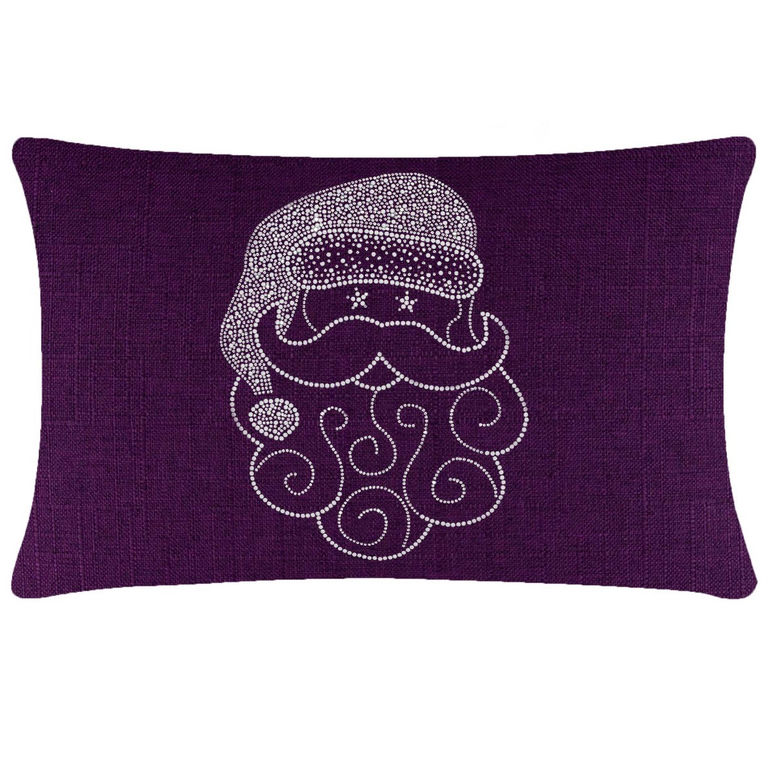 Purple rectangular pillow featuring a Santa face design embellished with sparkling rhinestones and swirling beard details.