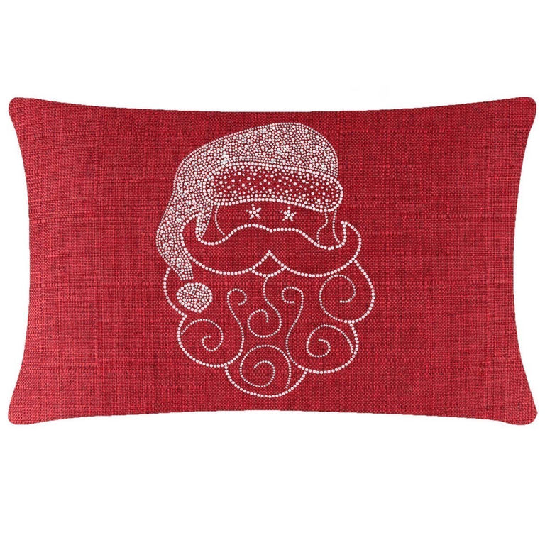 Rectangular&#x20;red&#x20;pillow&#x20;with&#x20;a&#x20;textured&#x20;fabric&#x20;featuring&#x20;a&#x20;Santa&#x20;face&#x20;design&#x20;made&#x20;of&#x20;sparkling&#x20;rhinestones.