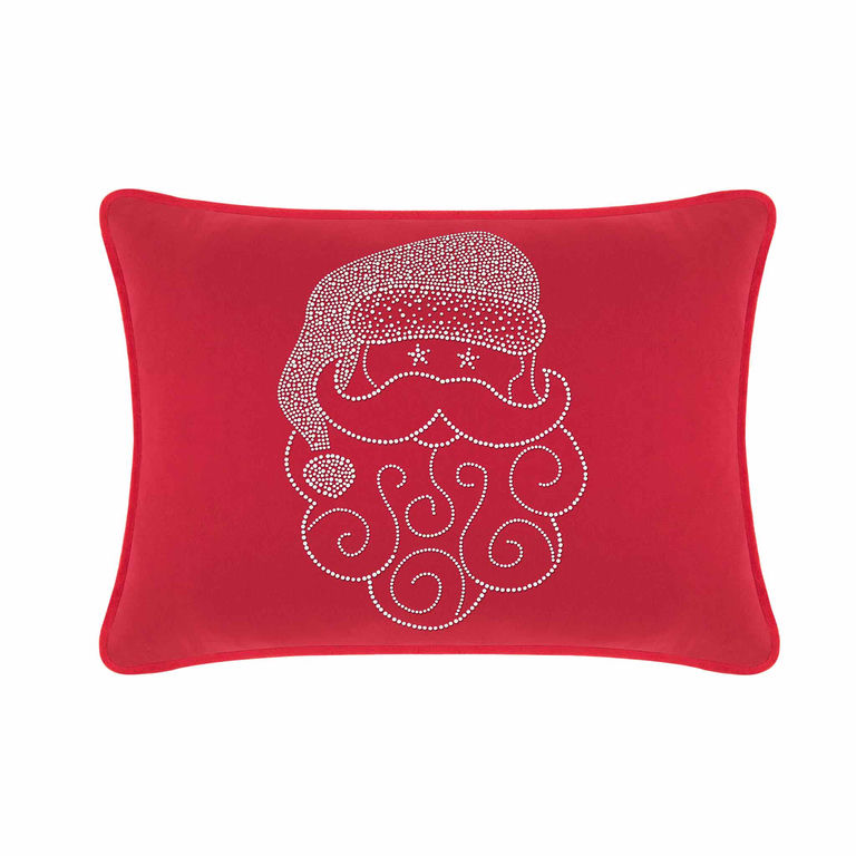 Red&#x20;velvet&#x20;rectangular&#x20;pillow&#x20;featuring&#x20;a&#x20;Santa&#x20;face&#x20;design&#x20;embellished&#x20;with&#x20;sparkling&#x20;rhinestones&#x20;and&#x20;swirled&#x20;beard&#x20;patterns.