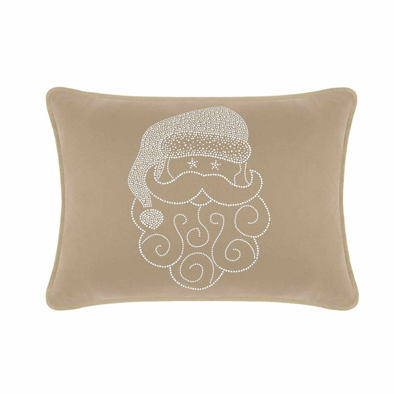 Taupe velvet pillow featuring a Santa face design embellished with sparkling rhinestones and decorative swirls.