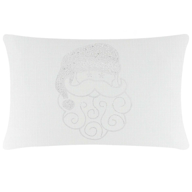 White&#x20;rectangular&#x20;pillow&#x20;featuring&#x20;a&#x20;textured&#x20;surface&#x20;with&#x20;a&#x20;silver&#x20;rhinestone&#x20;Santa&#x20;design&#x20;and&#x20;swirling&#x20;beard&#x20;elements.