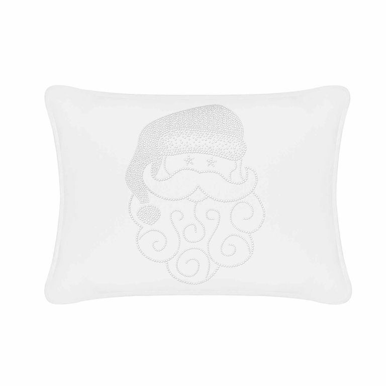 White velvet pillow featuring a Santa face design embellished with silver rhinestones and decorative swirls.
