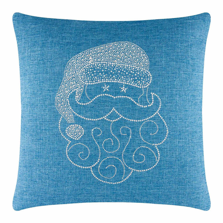 Aqua&#x20;pillow&#x20;featuring&#x20;a&#x20;Santa&#x20;face&#x20;design&#x20;embellished&#x20;with&#x20;sparkling&#x20;rhinestones&#x20;on&#x20;a&#x20;textured&#x20;fabric&#x20;surface.