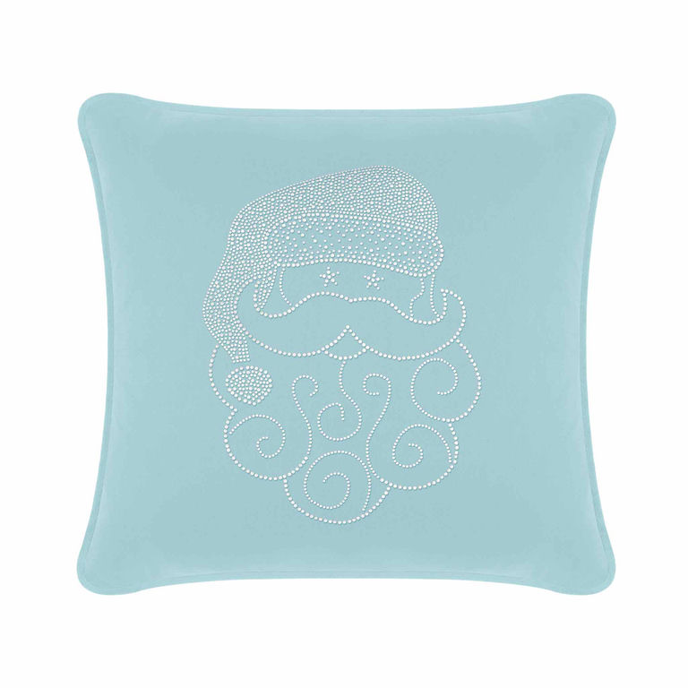 Aqua velvet pillow featuring a Santa face design embellished with sparkling rhinestones and swirled beard details.