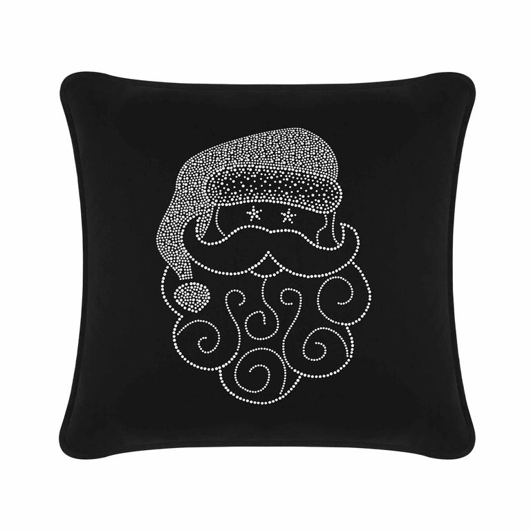 Black velvet pillow featuring a rhinestone-embellished Santa face with a curly beard and hat design.
