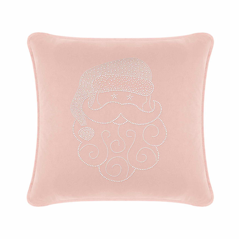 Blush velvet pillow featuring a Santa face design embellished with sparkling rhinestones and swirled beard details.