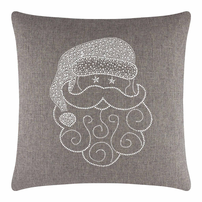 Square brown pillow featuring a Santa face design embellished with sparkling rhinestones on a textured fabric background.