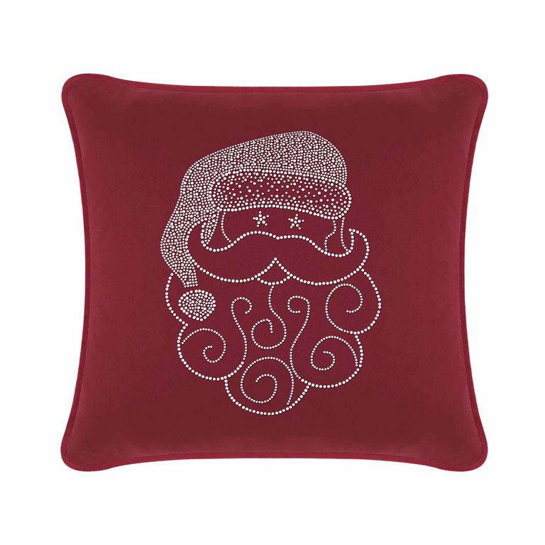 Burgundy velvet pillow featuring a Santa face design embellished with sparkling rhinestones and swirled beard details.
