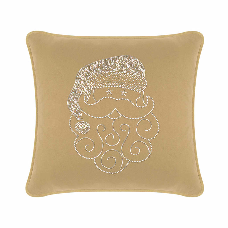 Champagne velvet pillow featuring a Santa face design with white rhinestone embellishments and swirled beard details.