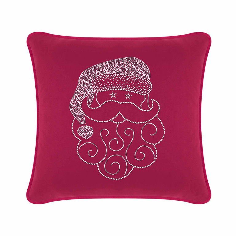 Fuchsia velvet pillow featuring a Santa face design embellished with sparkling rhinestones and decorative swirls.