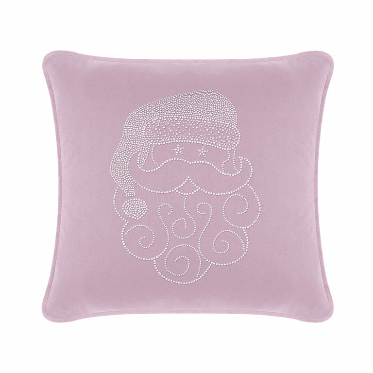 Lavender velvet pillow with a Santa design embellished with sparkling rhinestones and swirled beard details.