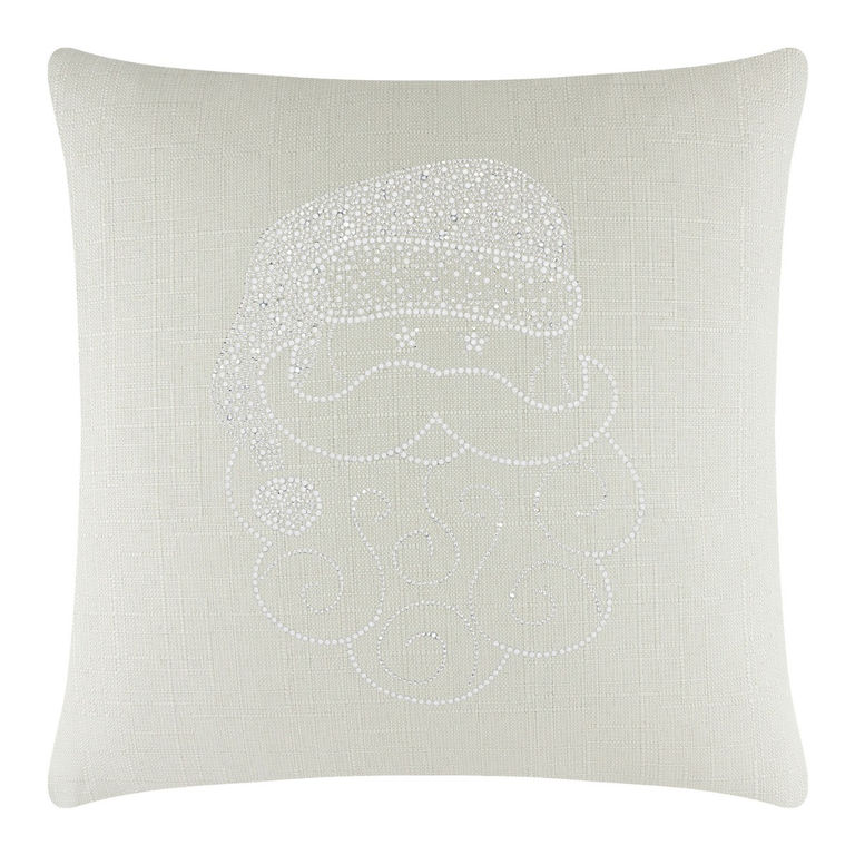 Square linen pillow in light beige featuring a Santa face design embellished with sparkling clear rhinestones.
