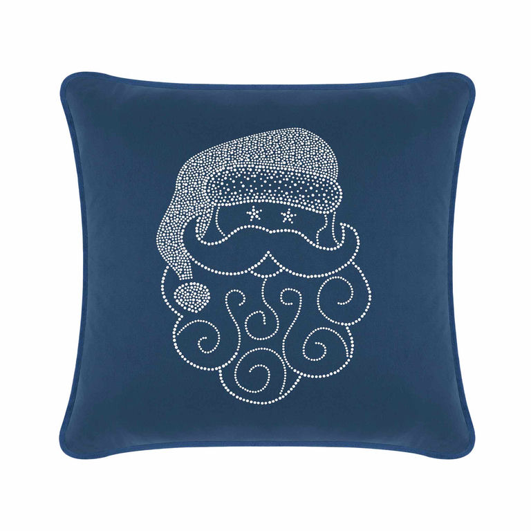 Navy&#x20;velvet&#x20;pillow&#x20;featuring&#x20;a&#x20;Santa&#x20;face&#x20;design&#x20;embellished&#x20;with&#x20;sparkling&#x20;rhinestones&#x20;and&#x20;swirling&#x20;beard&#x20;patterns.