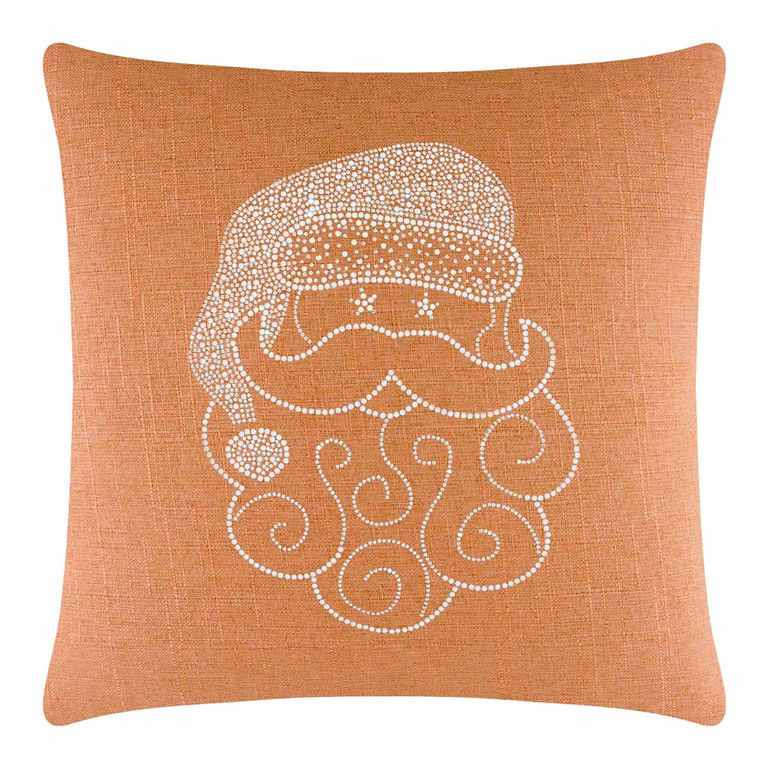 Square orange pillow with a textured fabric featuring a Santa face design made of sparkling white rhinestones.