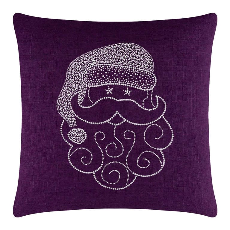 Purple square pillow featuring a rhinestone-embellished Santa face with a curly beard and hat design.