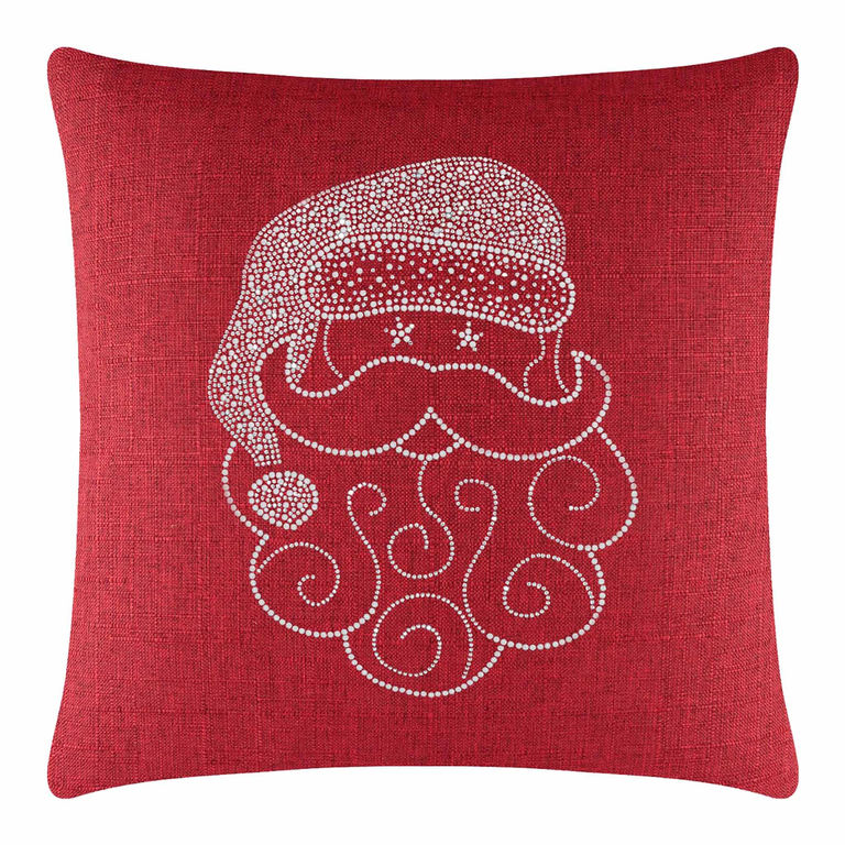 Red square pillow featuring a Santa face design embellished with sparkling rhinestones and a textured fabric background.