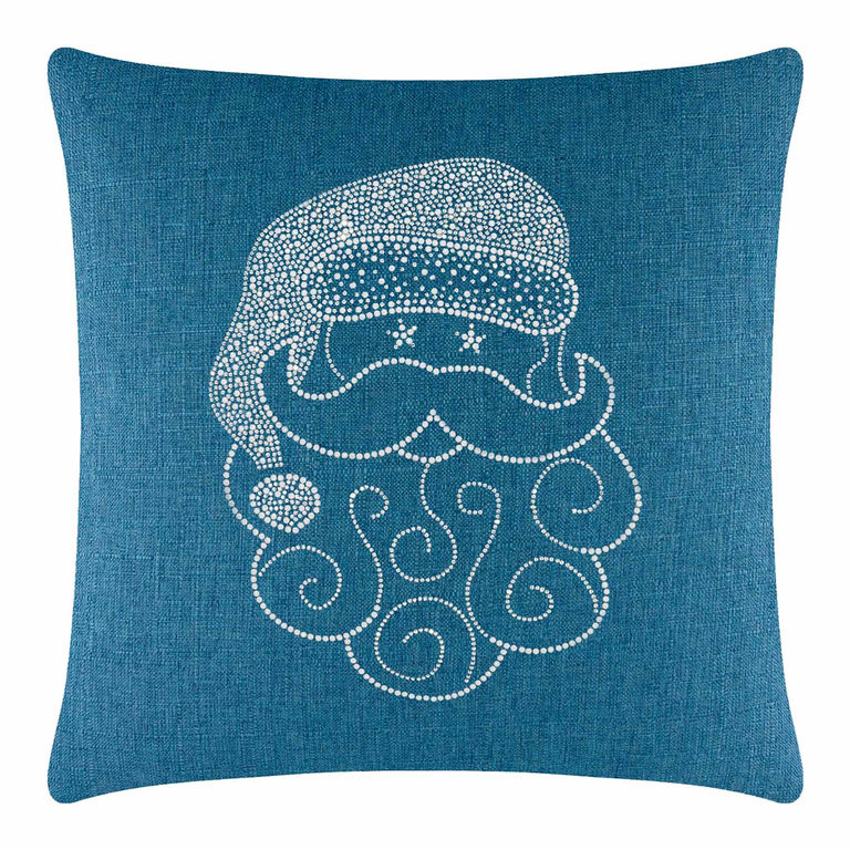 Teal pillow featuring a Santa face design embellished with white rhinestones and a textured fabric surface.
