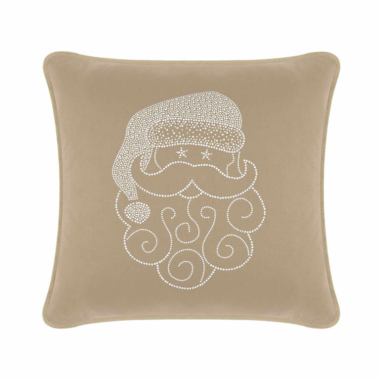 Taupe velvet pillow featuring a Santa face design embellished with white rhinestones and swirling beard patterns.