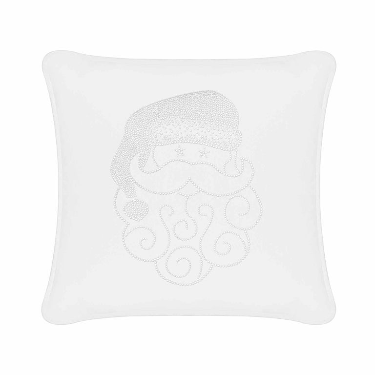 White velvet pillow featuring a Santa face design with sparkling silver rhinestones and swirled beard embellishments.