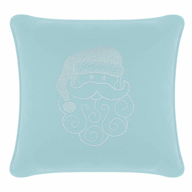 Aqua velvet pillow featuring a Santa face design embellished with rhinestones and decorative swirls.