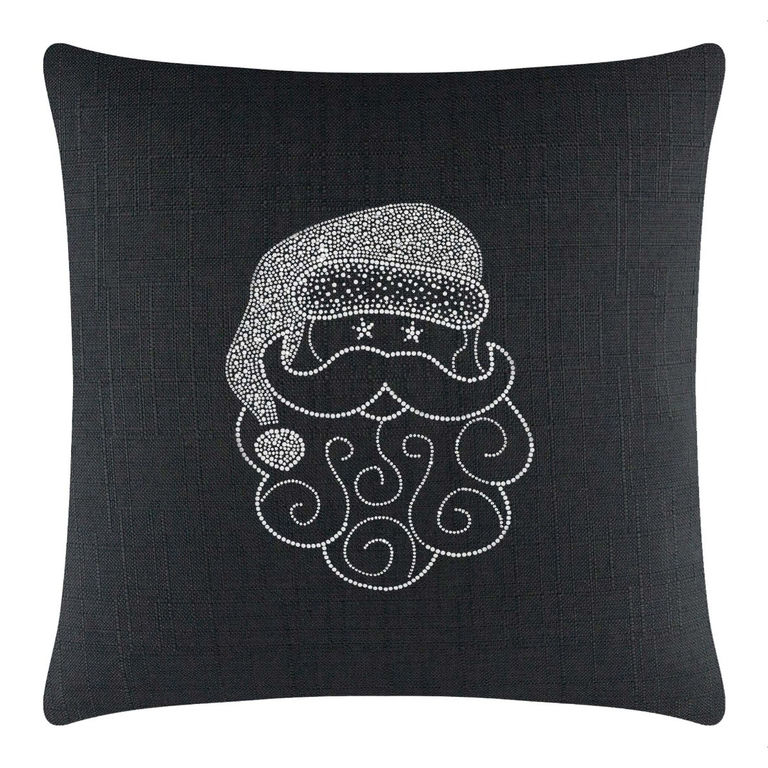 Black&#x20;textured&#x20;pillow&#x20;featuring&#x20;a&#x20;Santa&#x20;face&#x20;design&#x20;embellished&#x20;with&#x20;sparkling&#x20;rhinestones&#x20;and&#x20;swirled&#x20;beard&#x20;details.