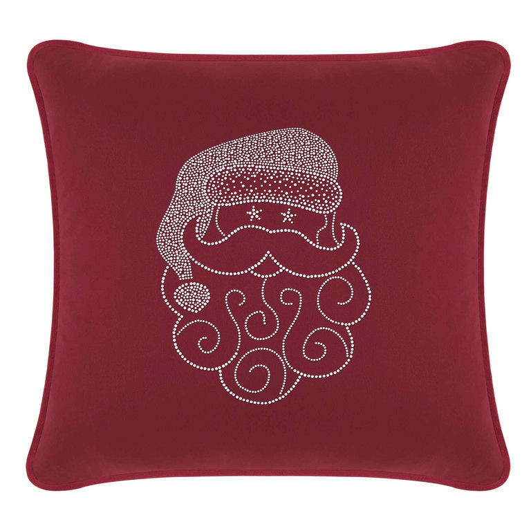 Burgundy velvet pillow featuring a Santa face design embellished with sparkling rhinestones and decorative swirls.