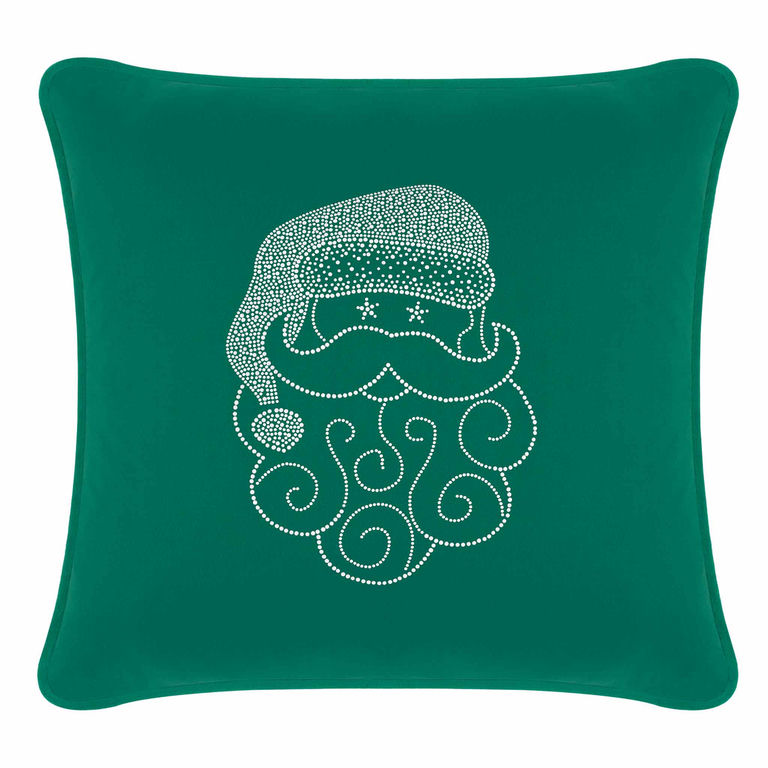 Emerald green velvet pillow featuring a Santa face design embellished with sparkling rhinestones and swirled beard details.