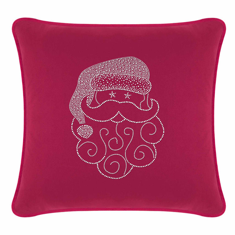 Fuchsia&#x20;velvet&#x20;pillow&#x20;featuring&#x20;a&#x20;Santa&#x20;face&#x20;design&#x20;embellished&#x20;with&#x20;sparkling&#x20;rhinestones&#x20;and&#x20;swirled&#x20;beard&#x20;details.