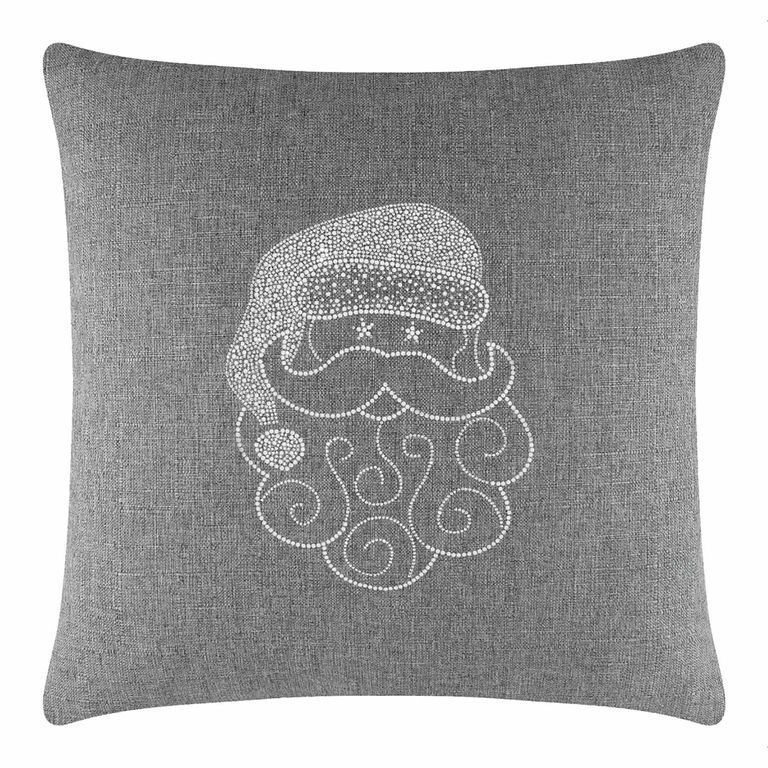 Gray square pillow featuring a Santa face design made of sparkling rhinestones on a textured fabric surface.