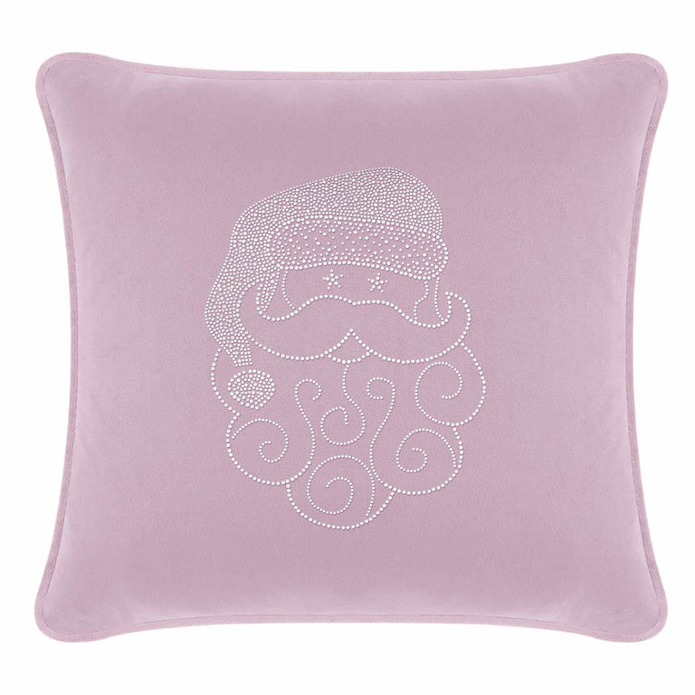 Lavender velvet pillow featuring a Santa face design embellished with sparkling rhinestones and swirling beard details.