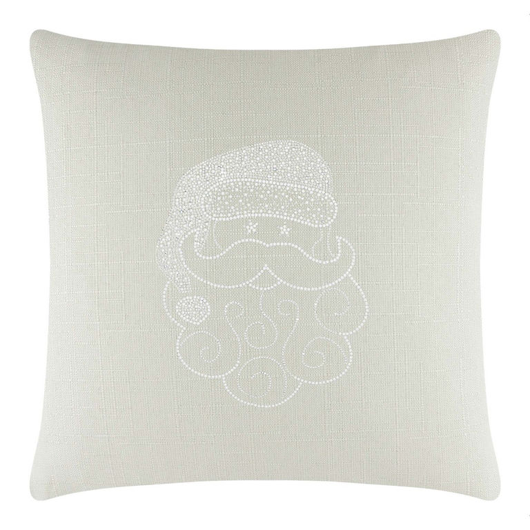 Square linen pillow in light cream with a textured pattern featuring a Santa design embellished with sparkling rhinestones.
