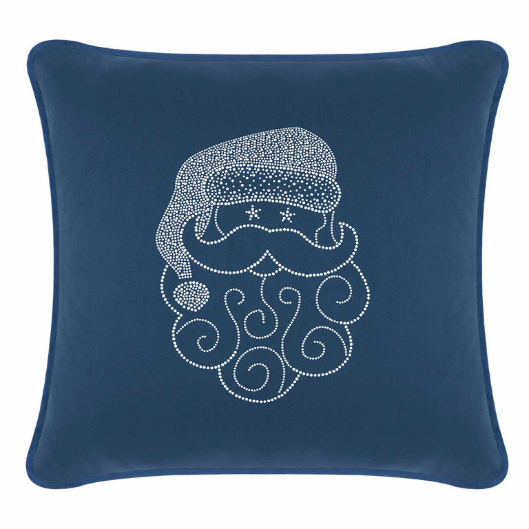 Navy&#x20;velvet&#x20;pillow&#x20;featuring&#x20;a&#x20;Santa&#x20;face&#x20;design&#x20;embellished&#x20;with&#x20;white&#x20;rhinestones&#x20;and&#x20;decorative&#x20;swirls.