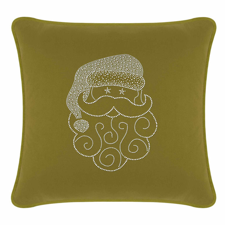 Olive velvet pillow featuring a Santa face design embellished with sparkling rhinestones and decorative swirls.