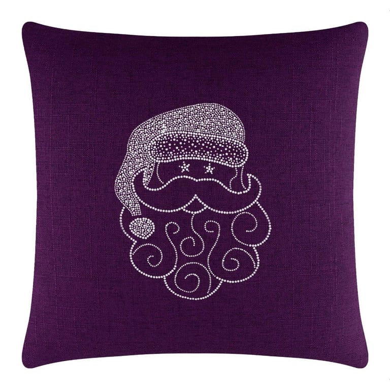 Purple pillow featuring a Santa face design embellished with sparkling rhinestones and decorative swirls.